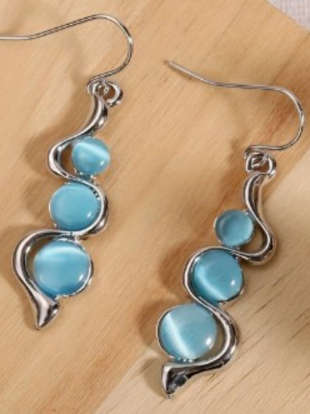 Geometric Cat's Eye Teal Blue Dangle Earrings Bohemian Style - Picture 3 of 5
